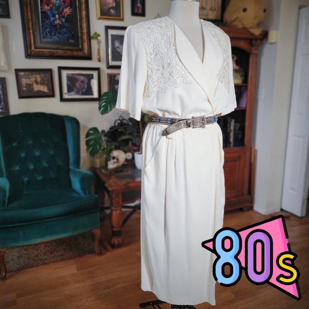 Studio I New York Dress Vintage 80s Cream Lace Shoulder Maxi Wrap Style L Large