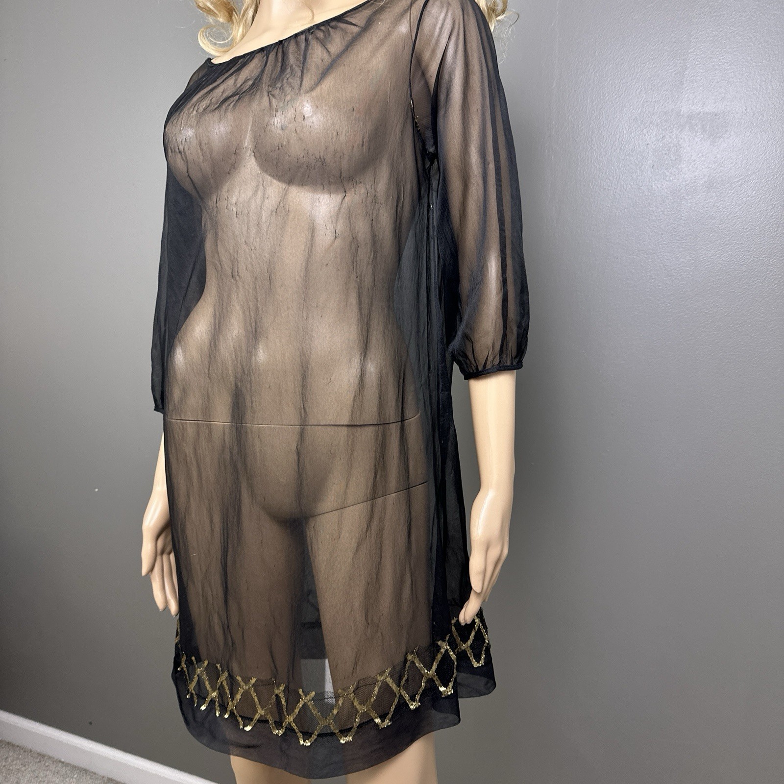 Vintage Movie Star Sheer Black Nylon Boudoir Peignoir Overgown Dress Large USA