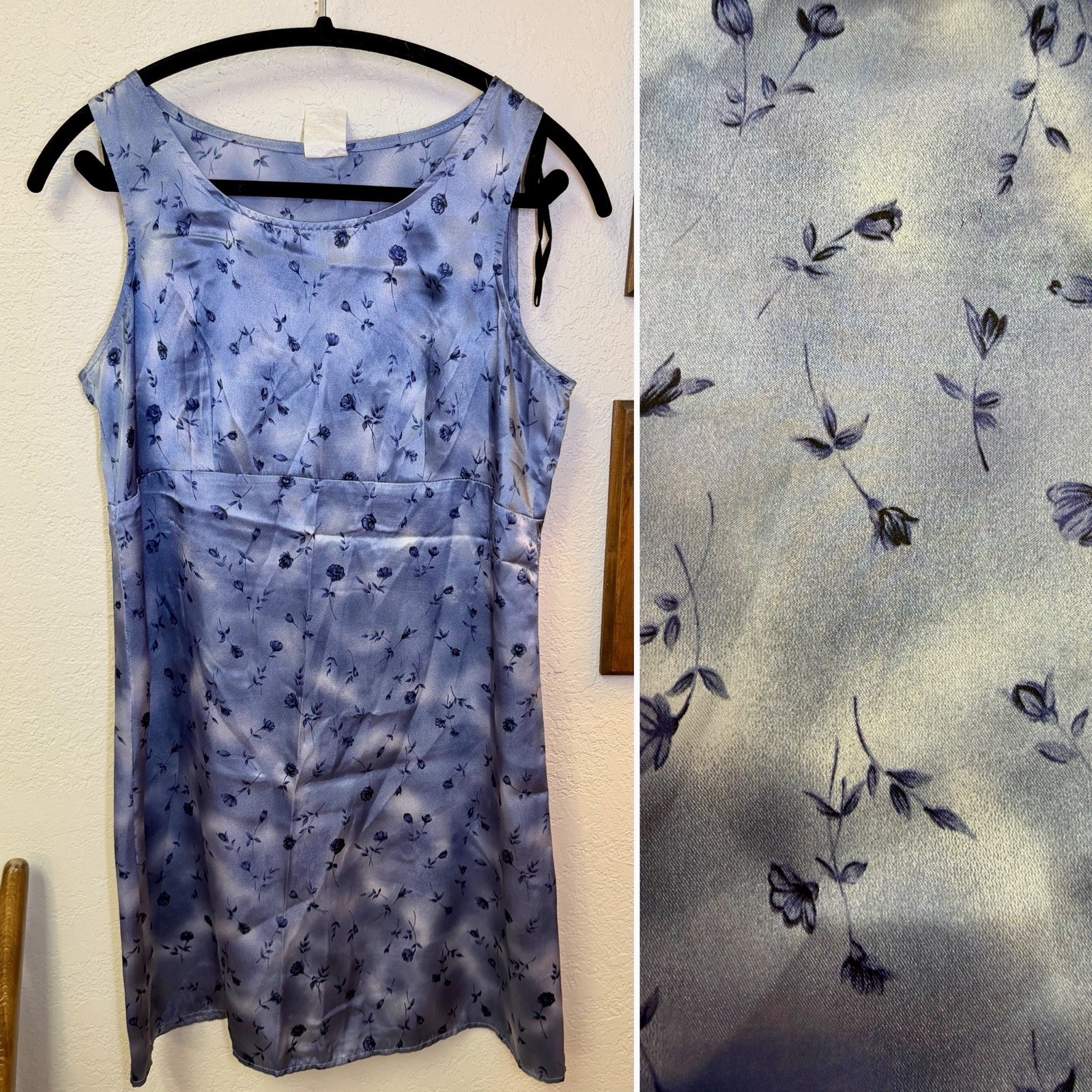 VTG Y2K 90s Cottage Romantic Blue Floral Satin Empire Bust Sleeveless Dress 5/6