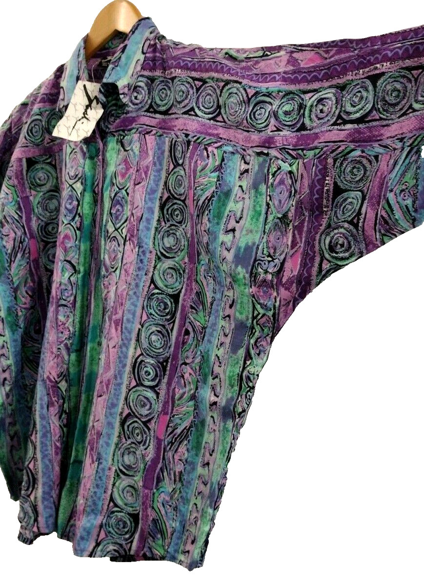 90s Lavender Purple Button Shirt Rayon Batwing Tribal Pattern DEADSTOCK UNISEX