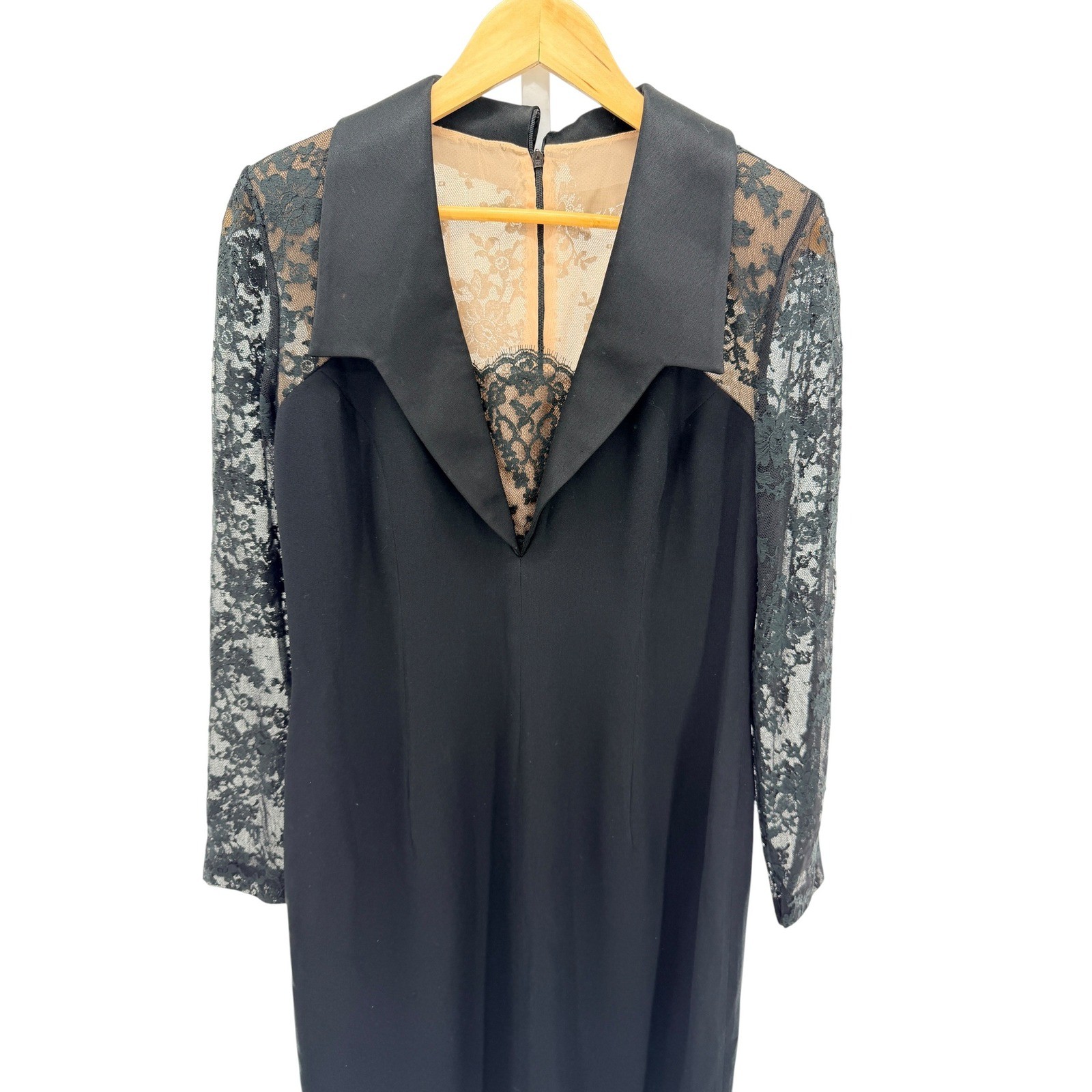 Travilla Vintage Black Cocktail Dress Lace Sleeve Nude Underlay Marilyn Monroe 8