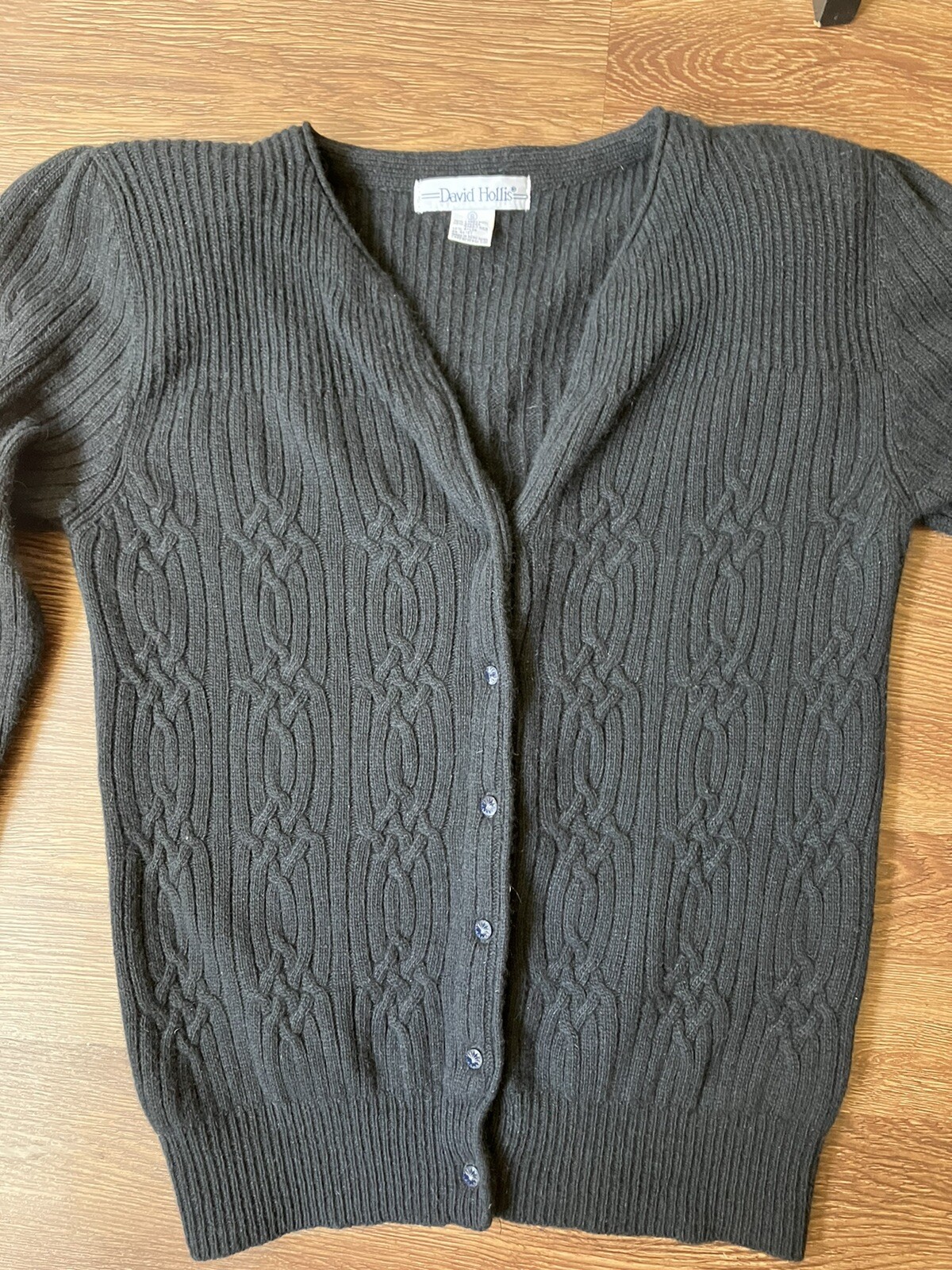 Vintage ’80s David Hollis Black Angora Blend Cable Rib Knit Cardigan Sweater S/M