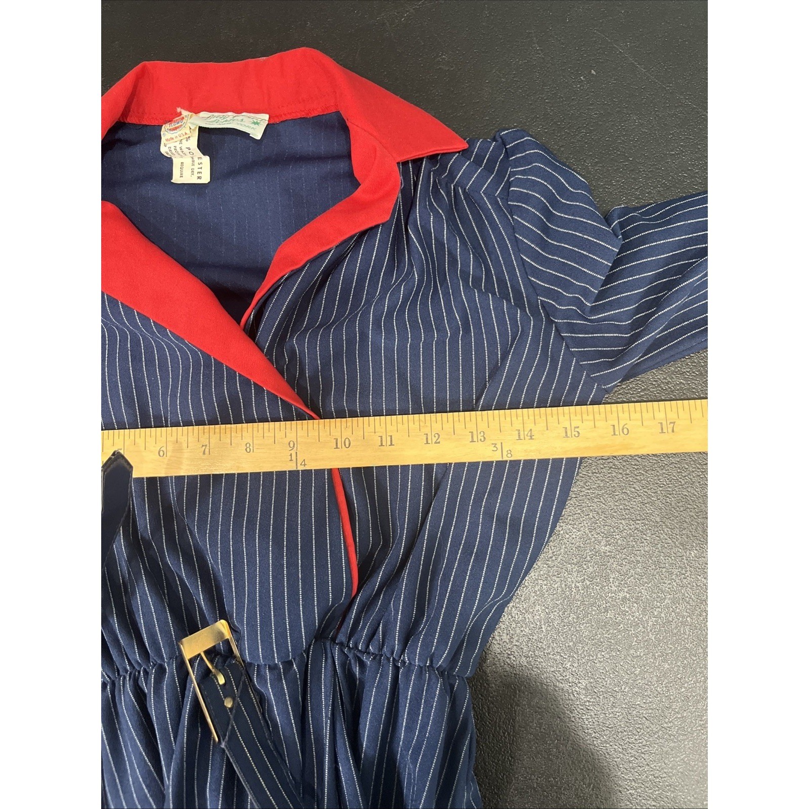 Lady Carol Petites Dress Womens S Navy Blue Pinstripe Collar Belted Vintage 70s