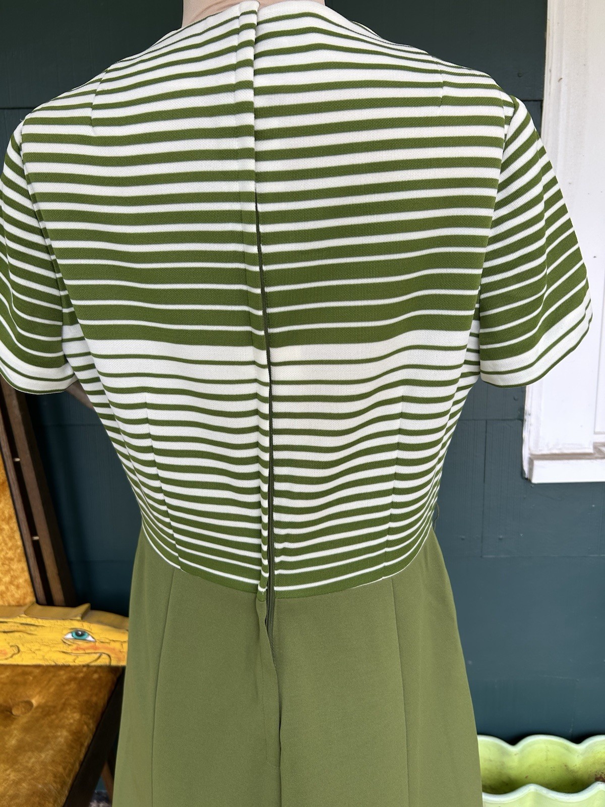 Vintage 60s Dress Avocado Green Striped Nardis Of Dallas Mod Preppy Mad Men