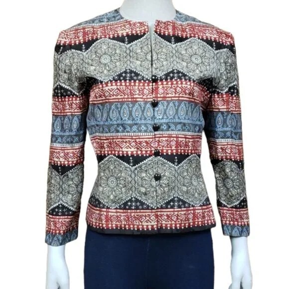 Vintage Adrianna Papell Silk Blazer Jacket Geometric Stripe Red Black Career M