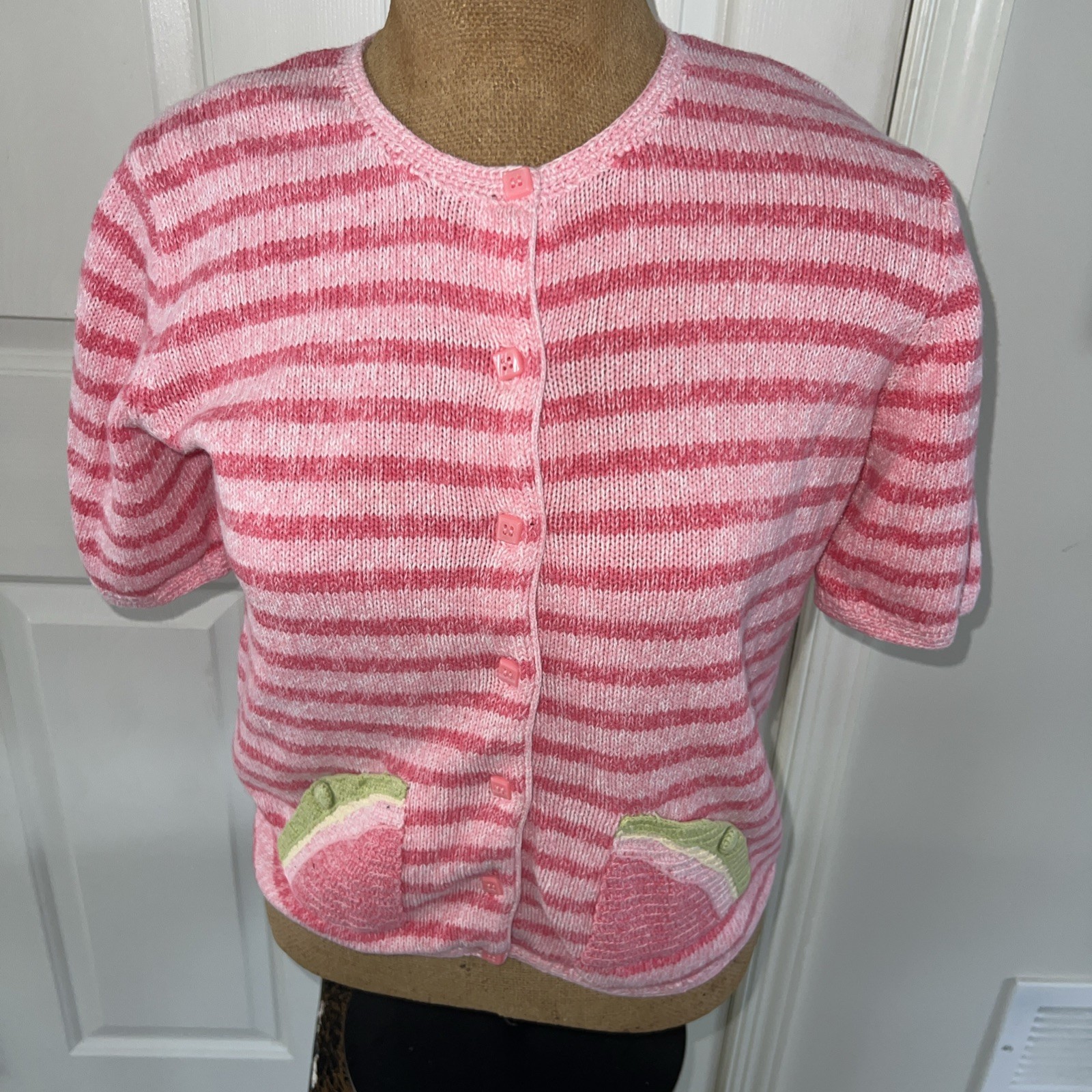 Vtg Christopher & Banks Pink Stripe Hand Stitched Sweater Watermelon Pocket Sz S