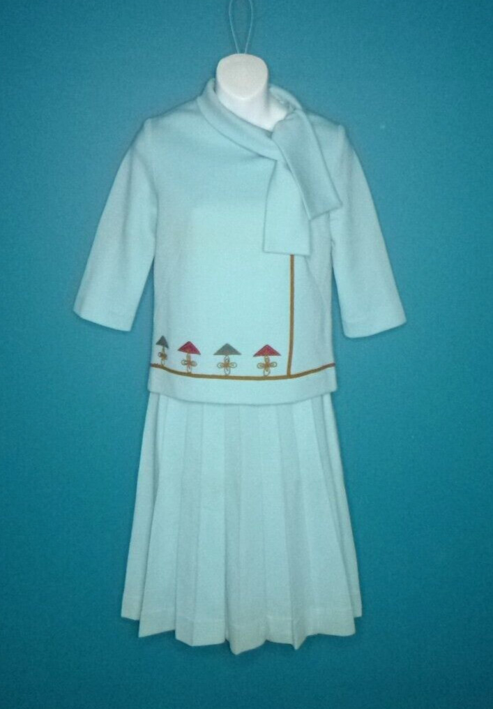 Vtg 60s Nardis of Dallas Worsted Wool Knit Skirt & Top Aqua Blue Sz S/M