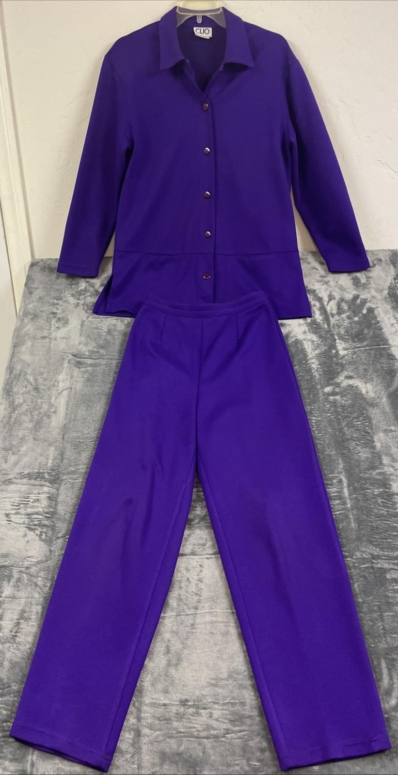 Vintage CLIO Purple Knit 2 Pc Suit Set Jacket Pants Women Small Made USA EUC