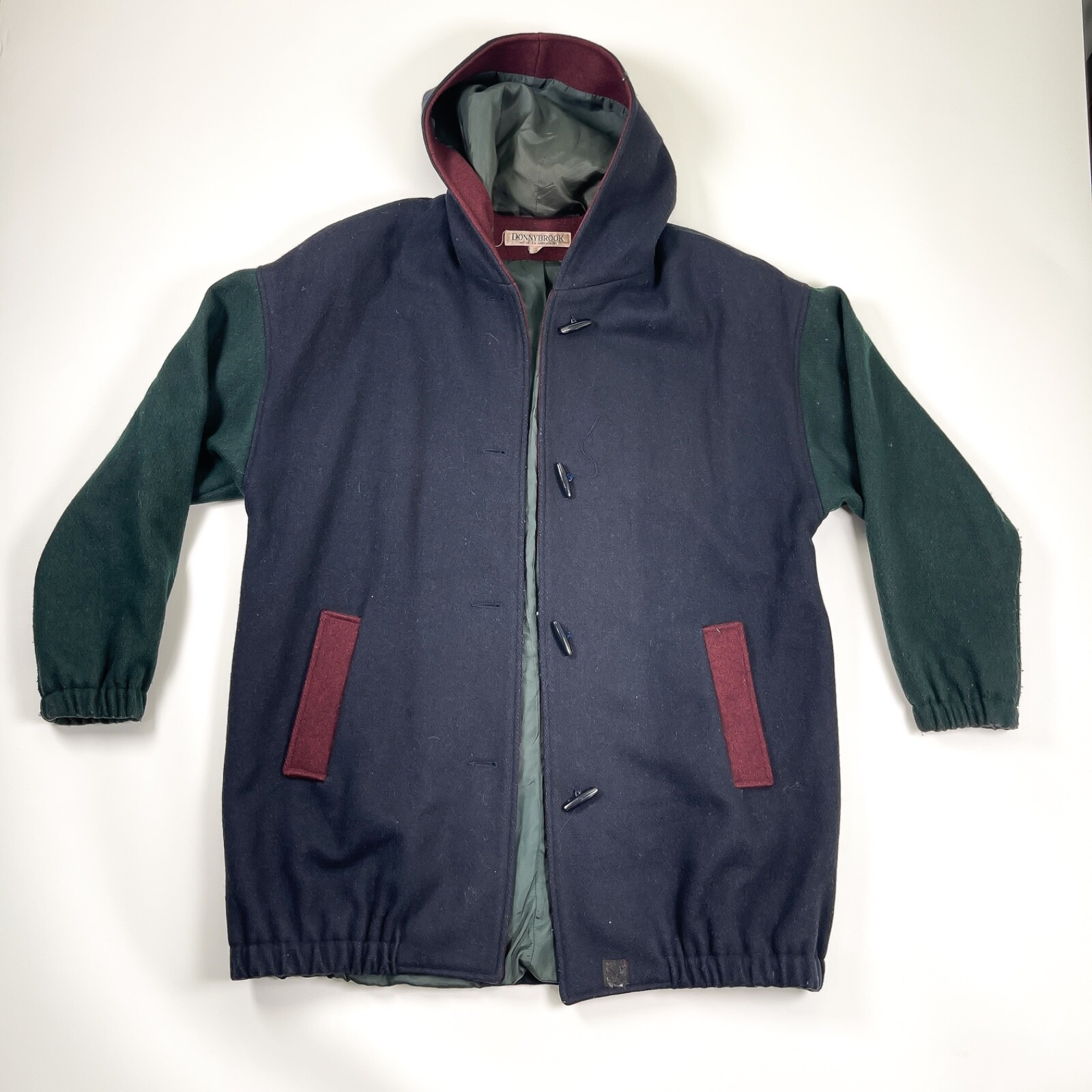 Vintage DonnyBrook Wool Coat Color block Jacket 90s Green Blue Red Hooded USA 14