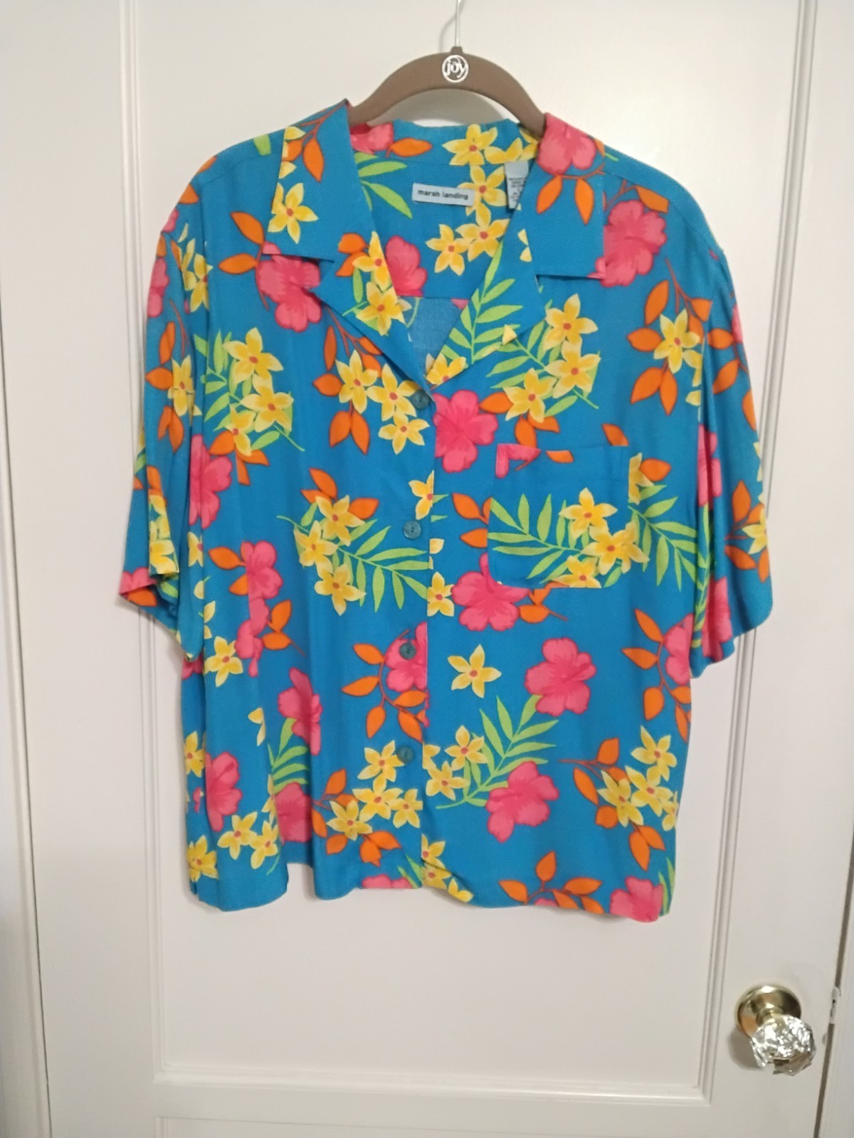 Vintage Marsh Landing Hawaiian Blouse Turquoise Tropical Orange Florals Large