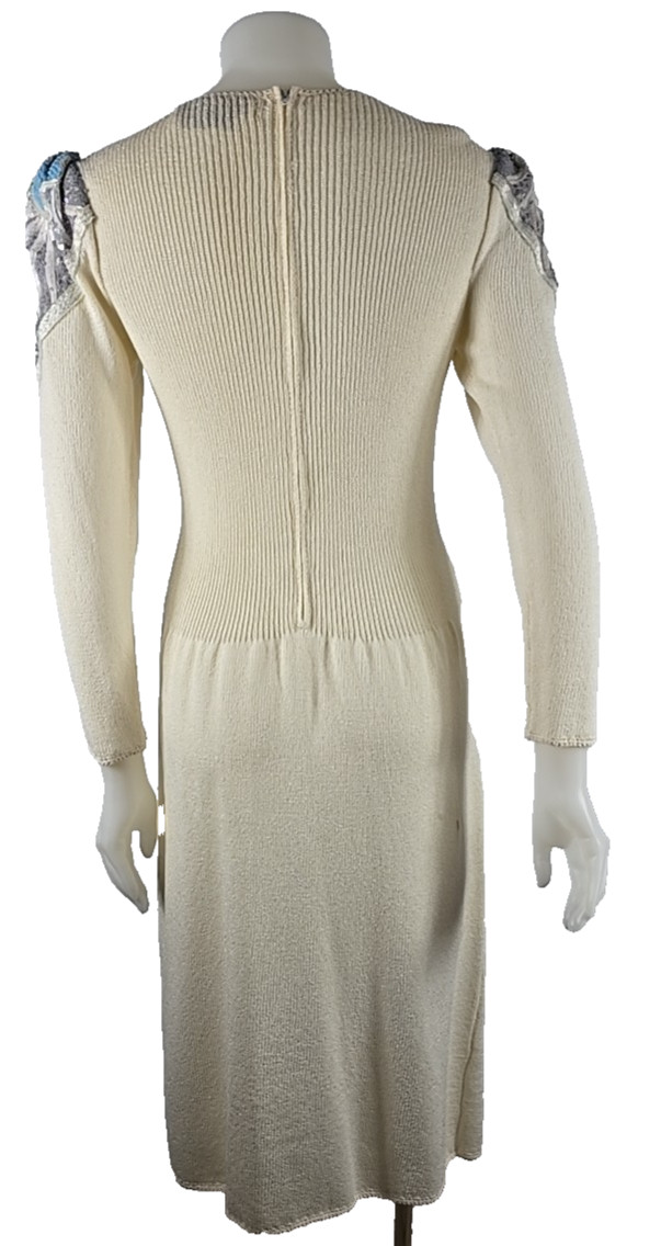 READ DESC -Vintage Pat Sandler Wellmore Knit Beaded Sequin Ivory Zip Dress Sz 10