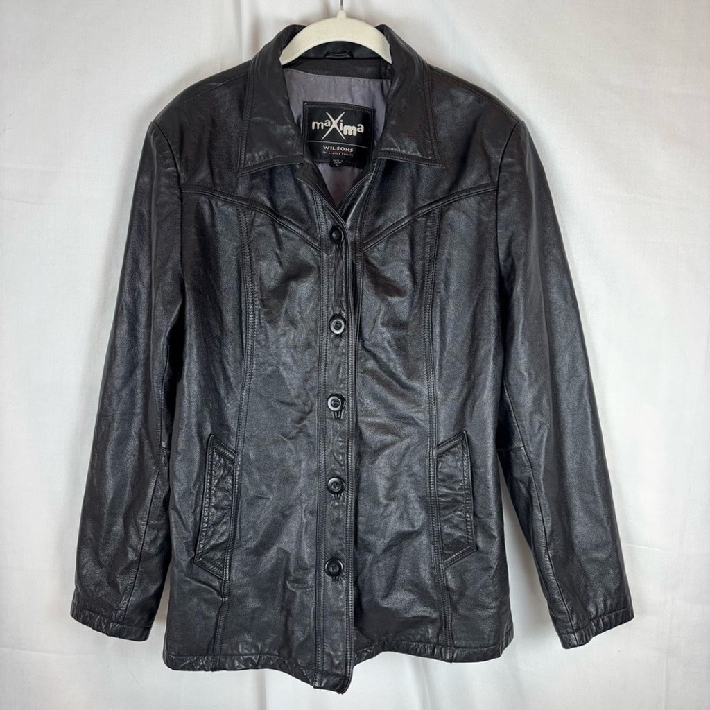 Vintage Maxima Black Leather Jacket Classic Style Hip 2 Pockets Length size L