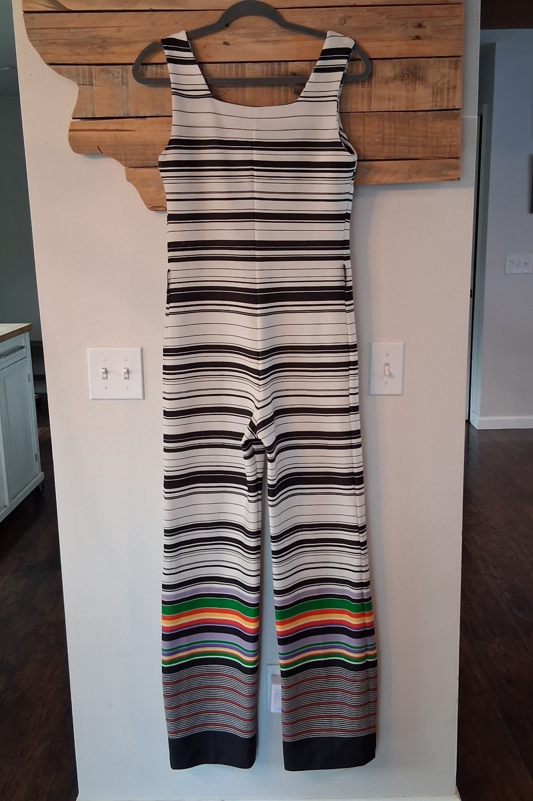 Vtg 1970s Toni Todd Jumpsuit Wide Leg Polyester Mod Rainbow Striped Boarder S