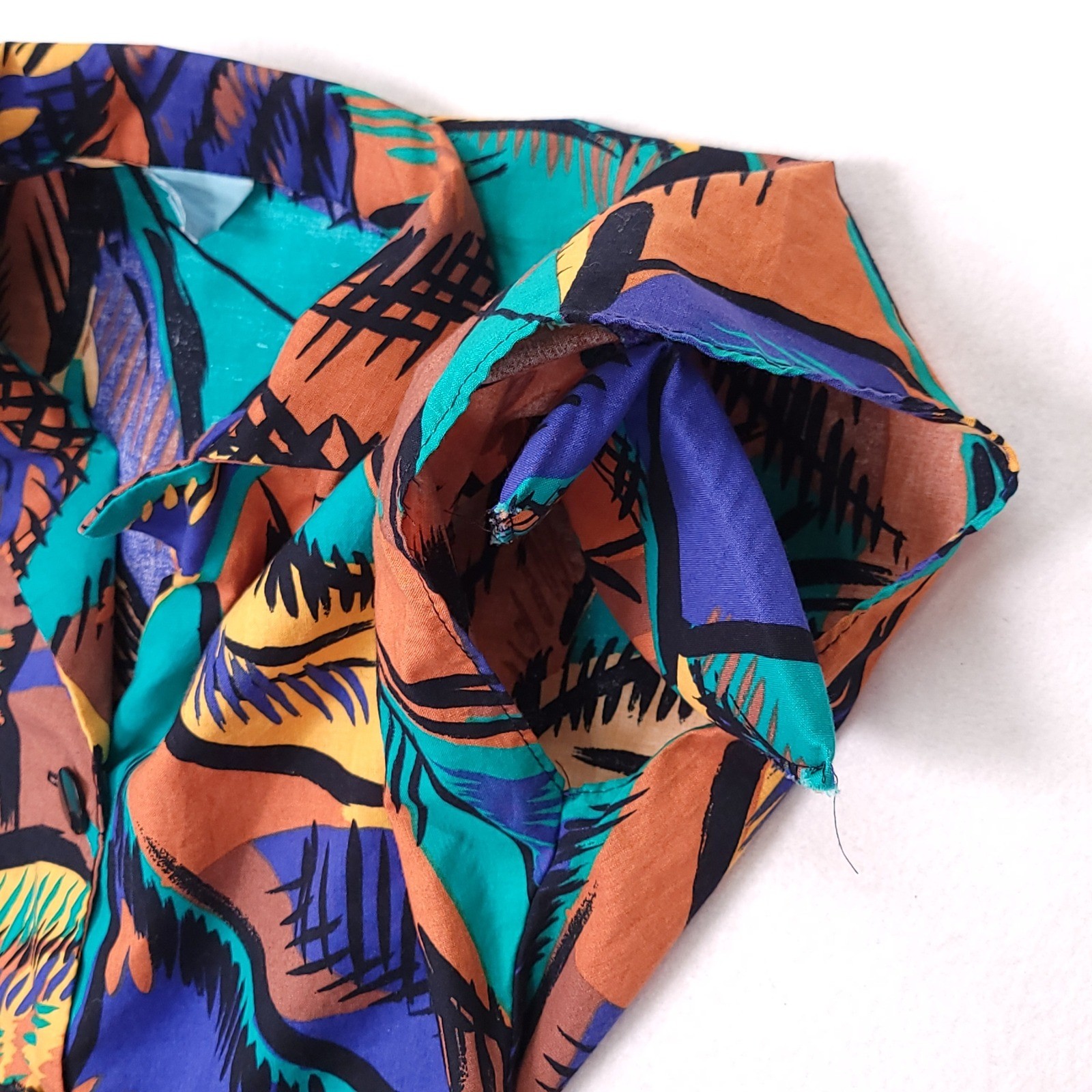 Vintage 80s Abstract Tropical Midi Dress Sleeveless Padded Shoulder Multicolor