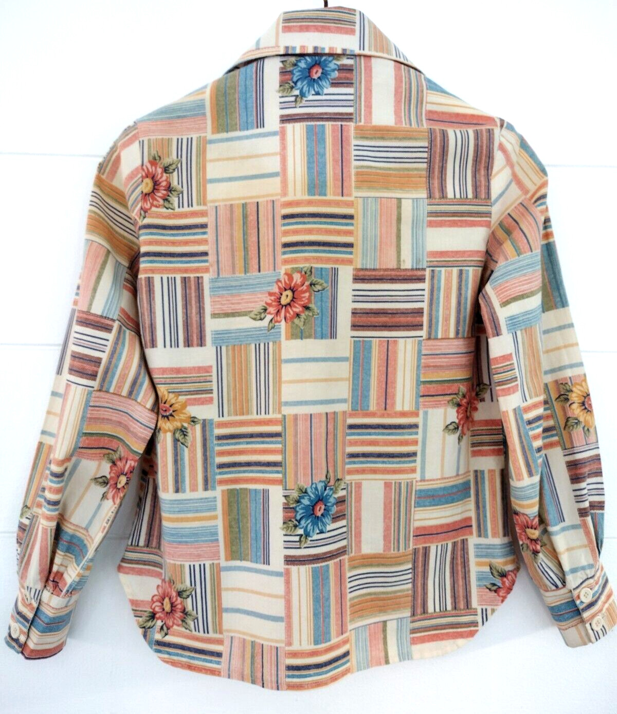 Vtg 70’s Western Patchwork Dagger Collar Plaid Button-Up Retro Mod Blouse Sz S