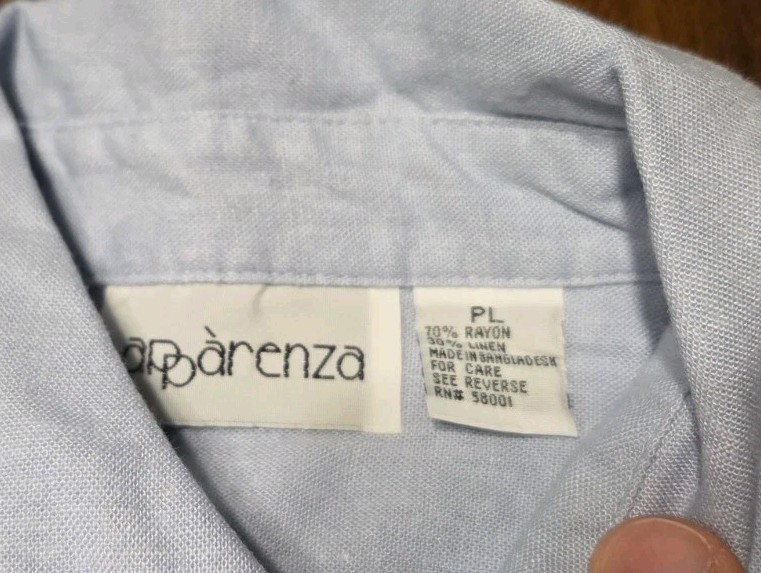 VTG Apparenza Blue Linen Rayon Camp Shirt Petite L Flap Pockets Shoulder Pads