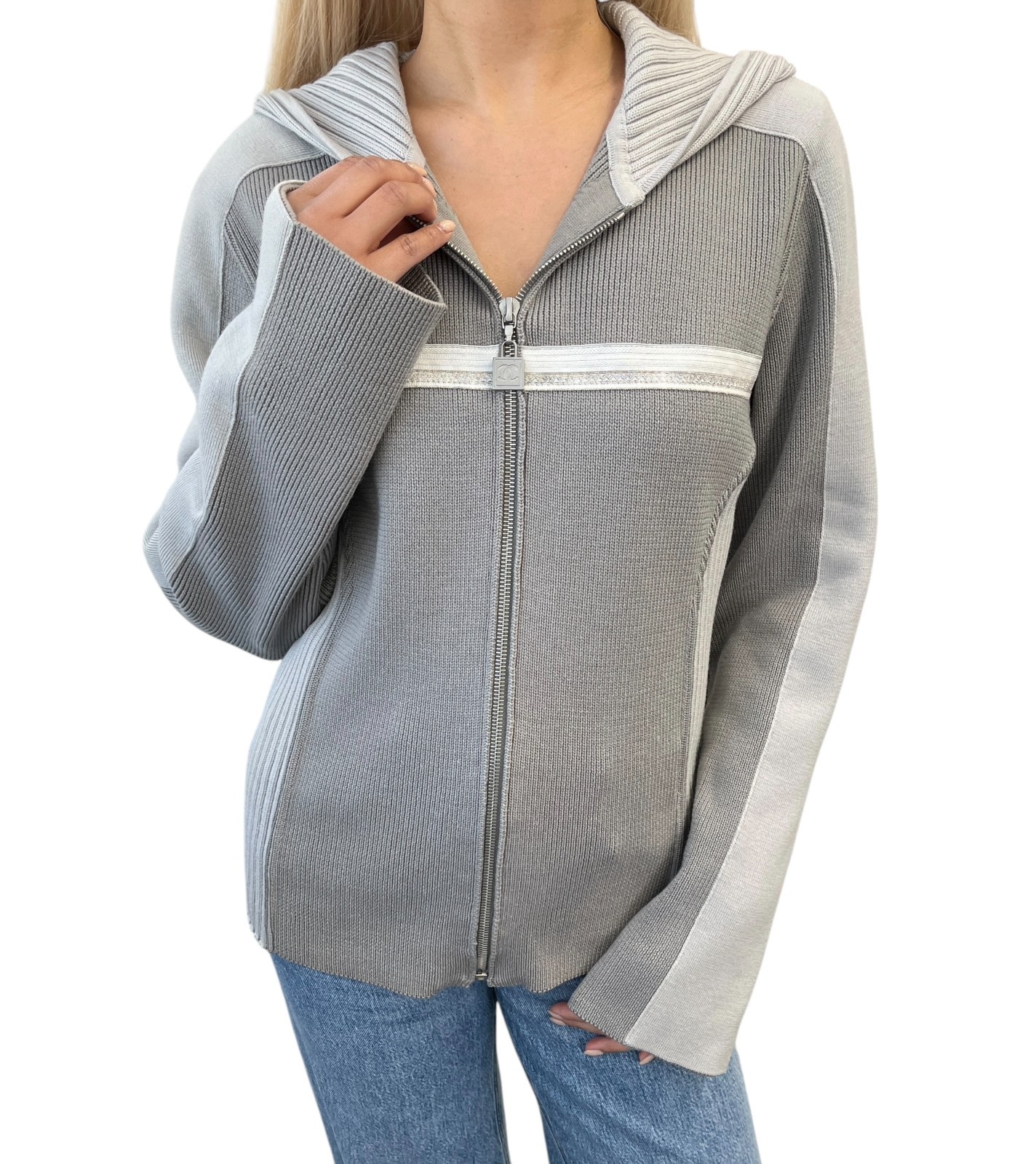 CHANEL Sport Vintage 04A CC Logo Knit Zip Hoodie Jacket Top #38 Gray 901826