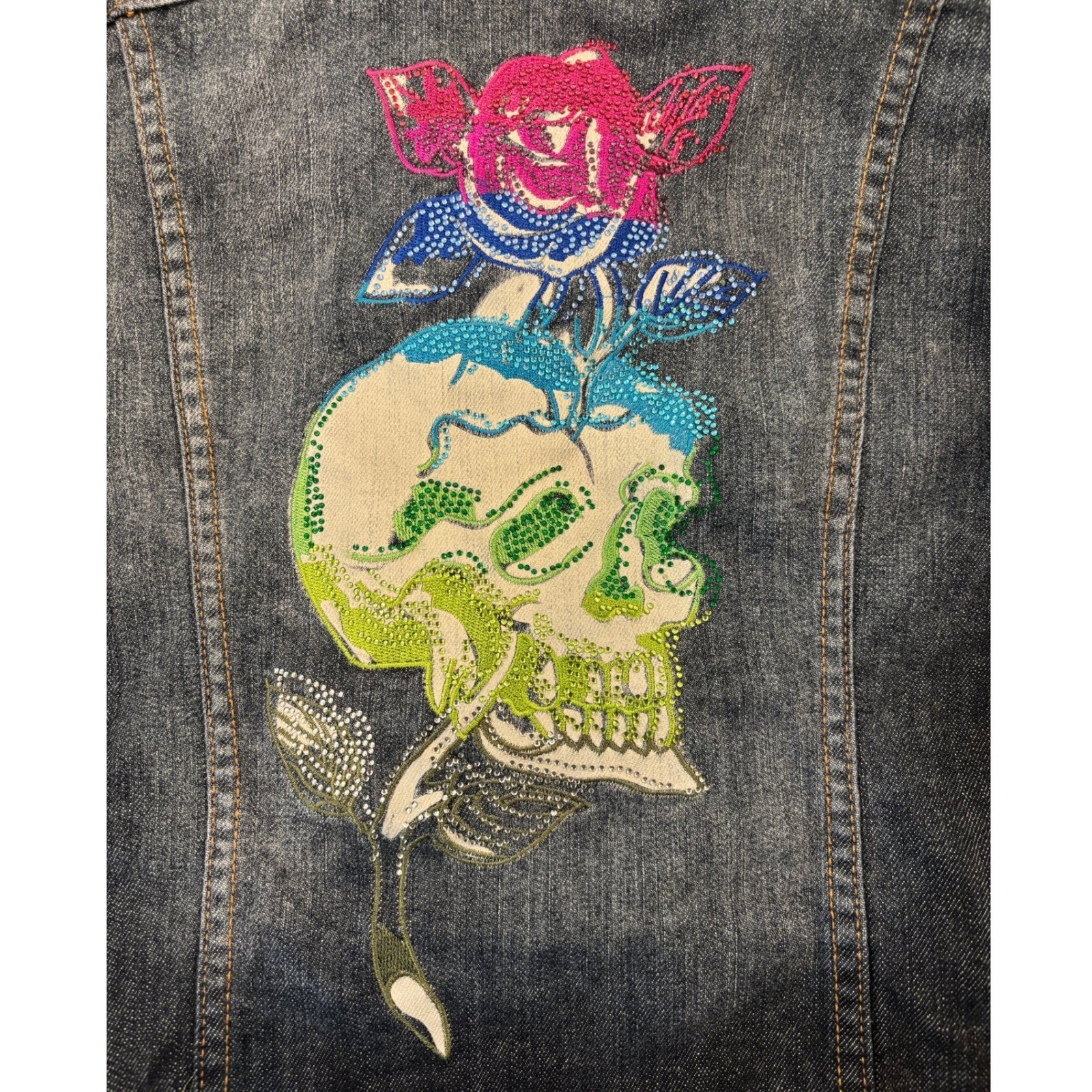 Ed Hardy Christian Audigier Rhinestone Denim Jacket XL Skull Rose Y2K Mallgoth
