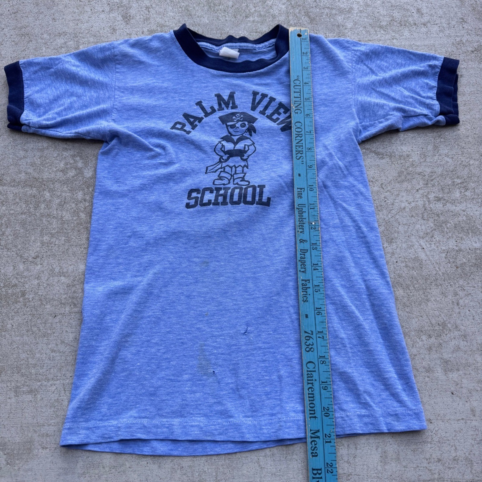 Vintage 70s Palm View School Pirate Ringer Baby T Shirt Heather Blue Navy