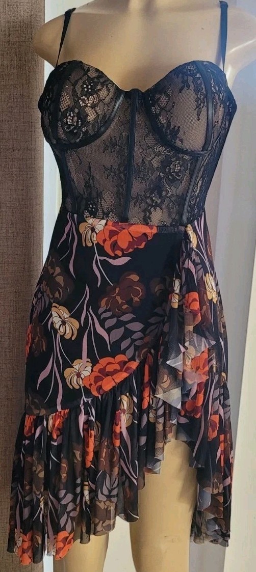 Vintage 90s Fairy Faux Leather Corset Lace Sheer Sexy Gothic Dress Large