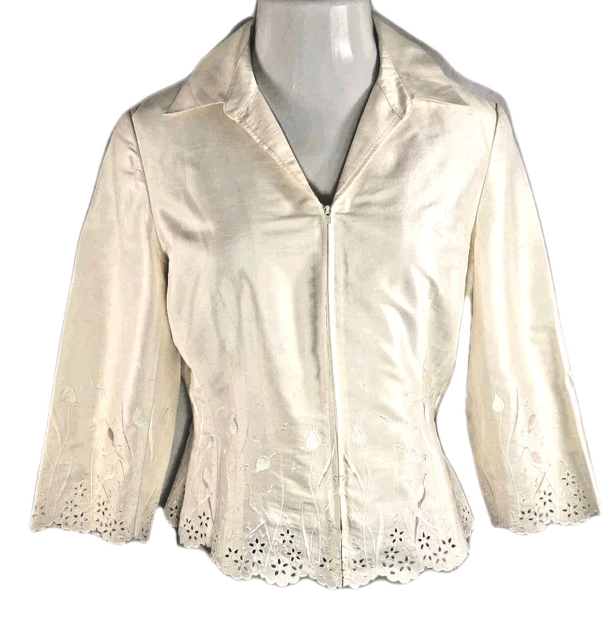 VTG Cachet Ivory Evening Jacket Sz 12 100% Silk Embroidered Zip Front 3/4 Sleeve