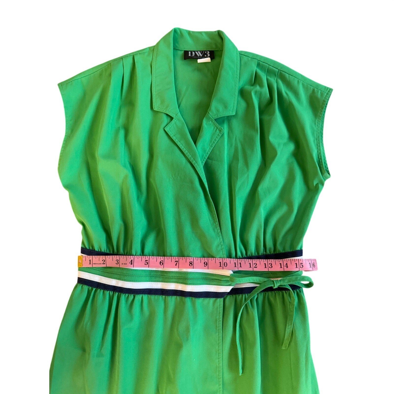 Vintage DW3 Fashions Wrap Dress Women Large Kelly Green Striped Waist ILGWU USA