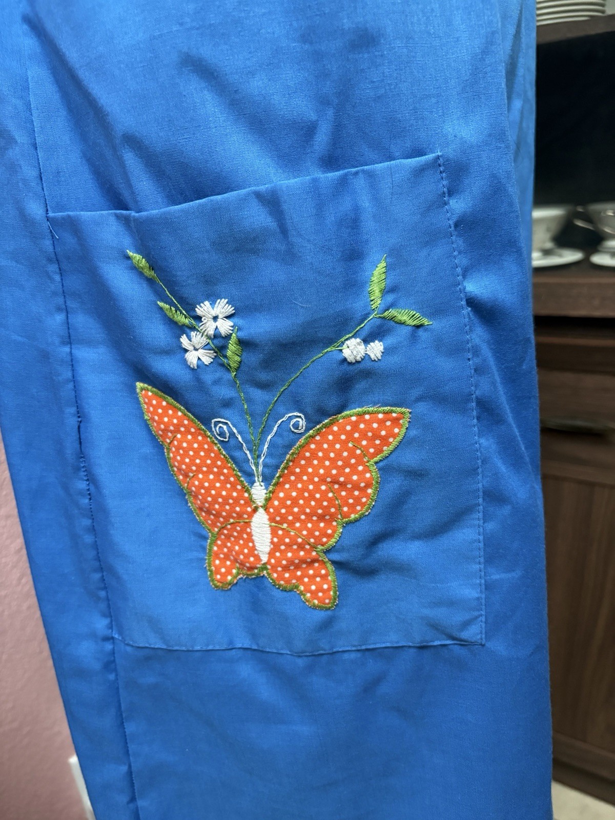 1960s Blue House Dress w/ Orange Butterfly Patch by It’s A Charm | Size S