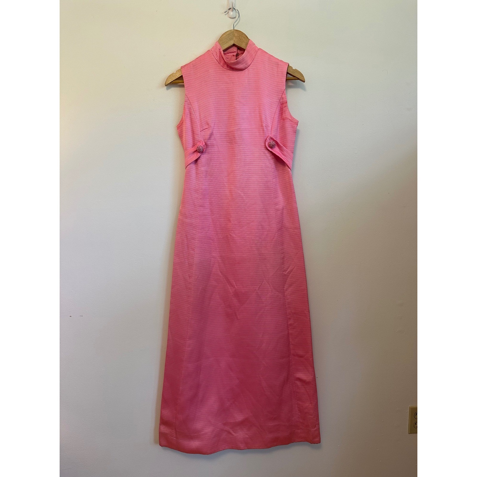Vintage 70s Pink Ribbed Mock Neck Rhinestone Button Column Gown