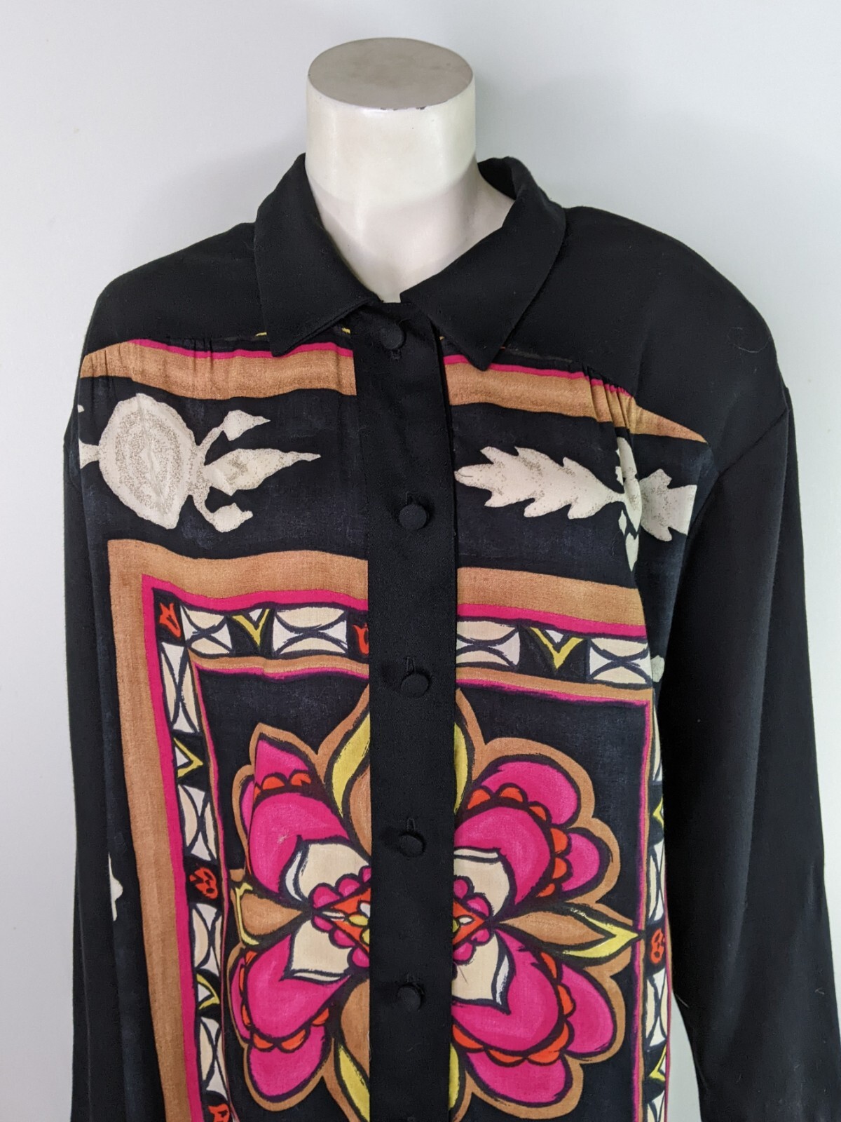 Vintage 90s Floral Blouse Black Pink Stained Glass Look Black Brown Womens L XL