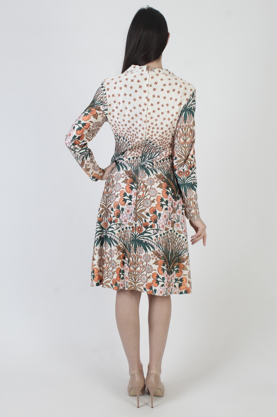 Vtg 60s Floral Print Dress Dagger Collar Nature Knee Length Cocktail Nature