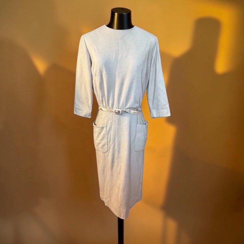 1960s Wolf Brothers Florida Beige Knit Midi Dress Mod Minimalist Belted Pockets