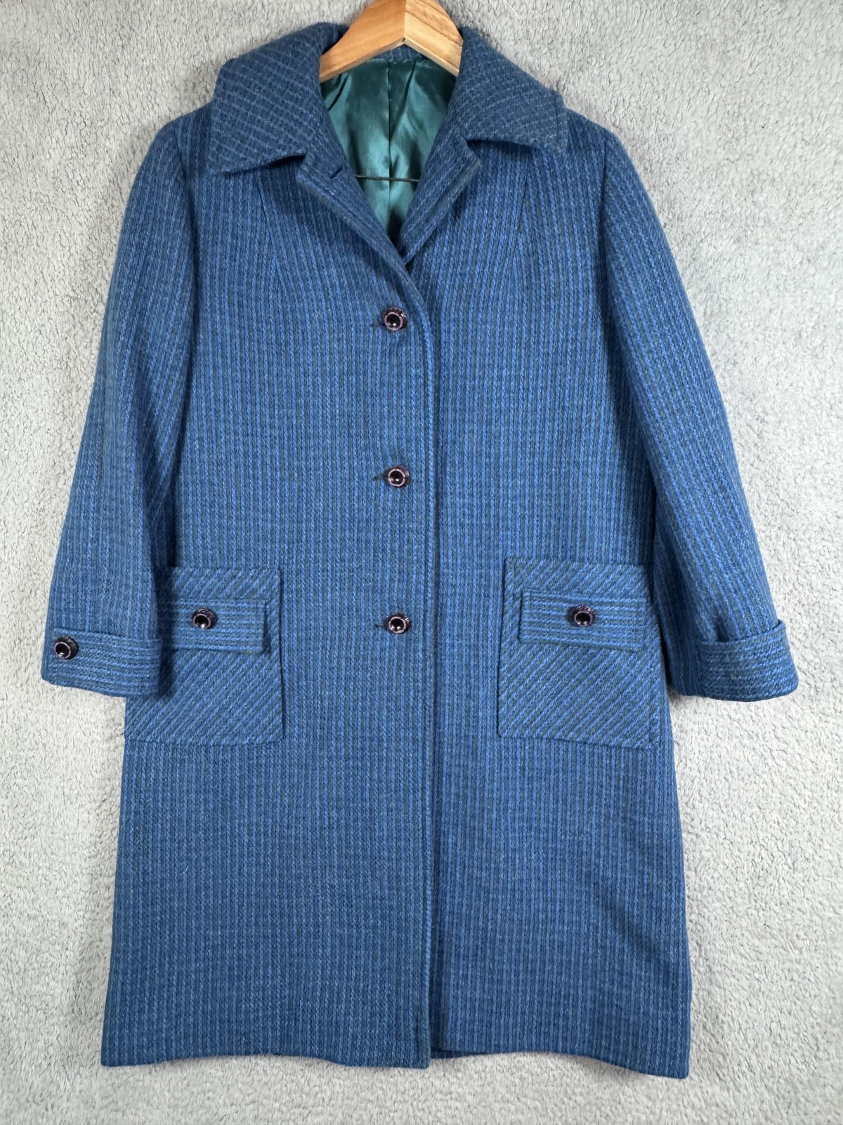 Vintage Scotlander Harris Tweed Coat Womens Medium Blue Green Wool Lined Mod 60s