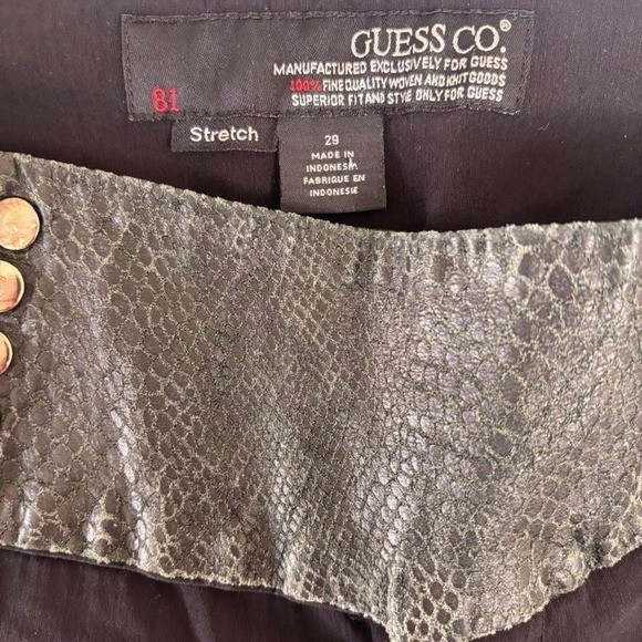90’s vintage rare GUESS BLACK LOW RISE SNAKE PRINT LEATHER TRIM PANTS SZ. 28-29″