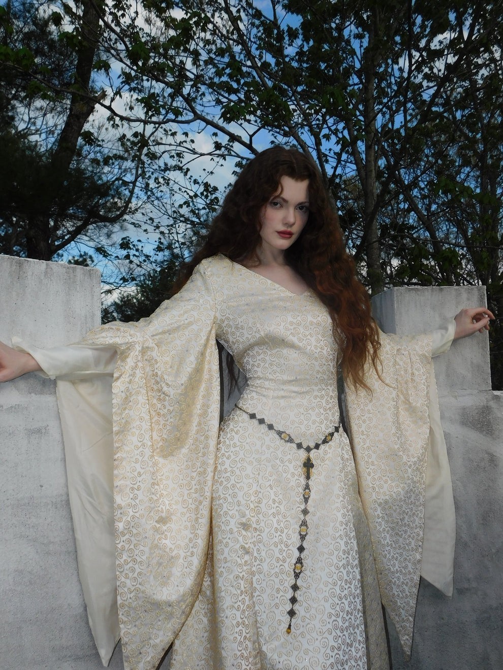 1930s Vintage Spanish Silk Gold Embroidered Medieval Brocade Gown