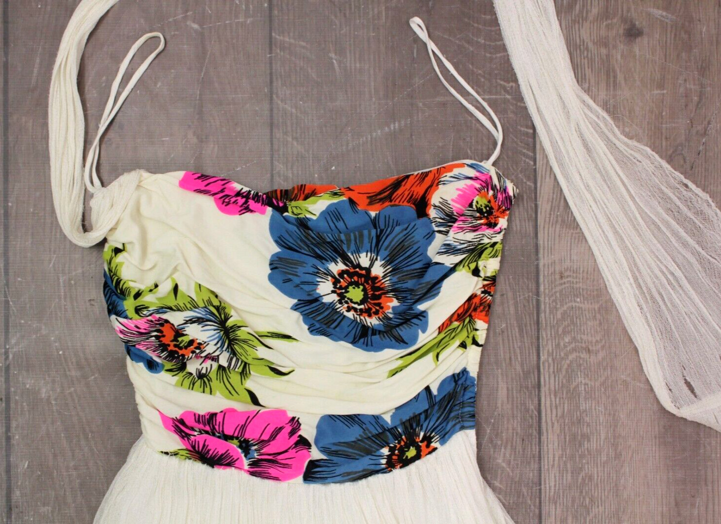 Vtg Women’s 40s White Rayon Colorful Floral Formal Dress 1940s XXS/XS Ball Gown