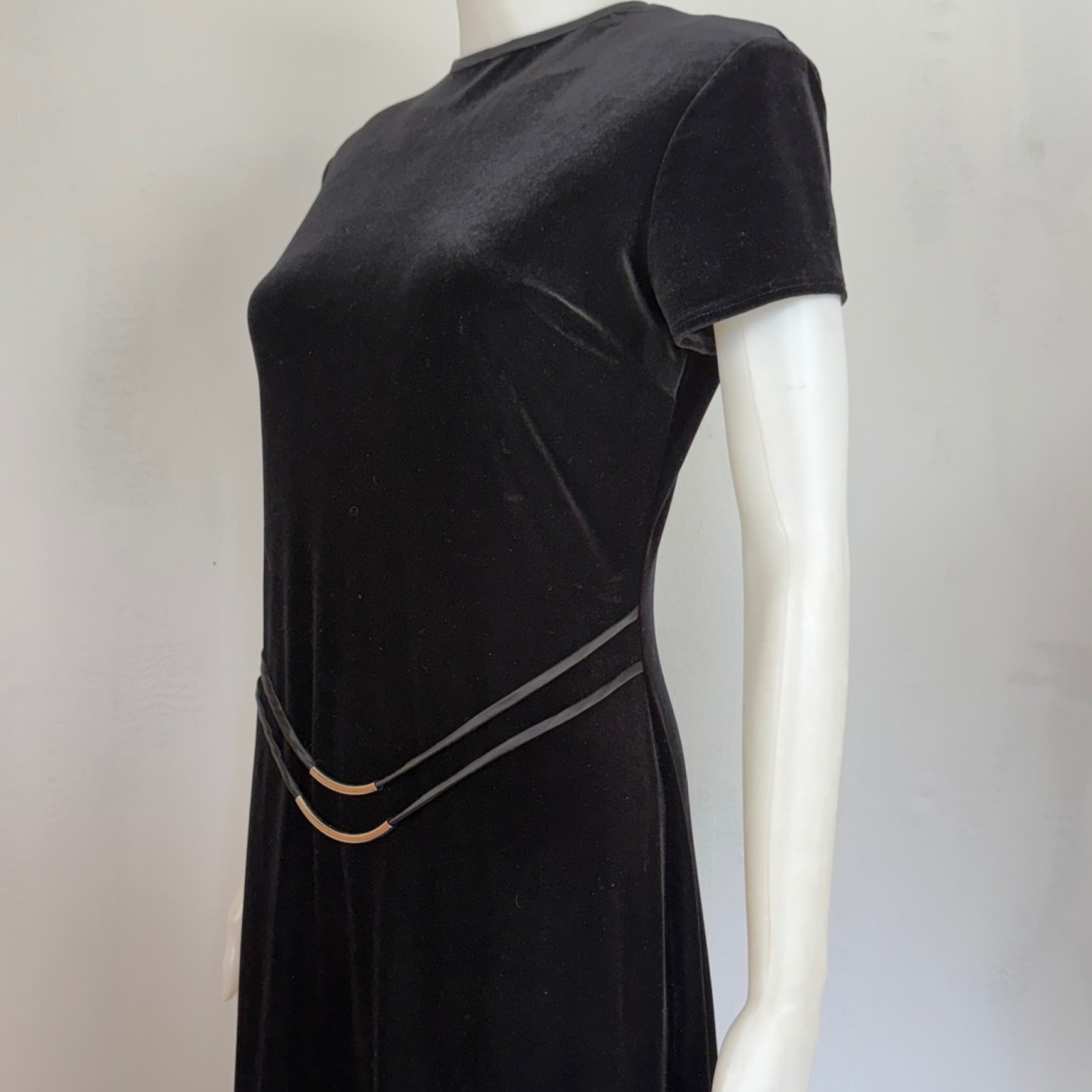 Vintage Black Crushed Velvet Midi Dress with Belt Detail Size Small Satin Trim