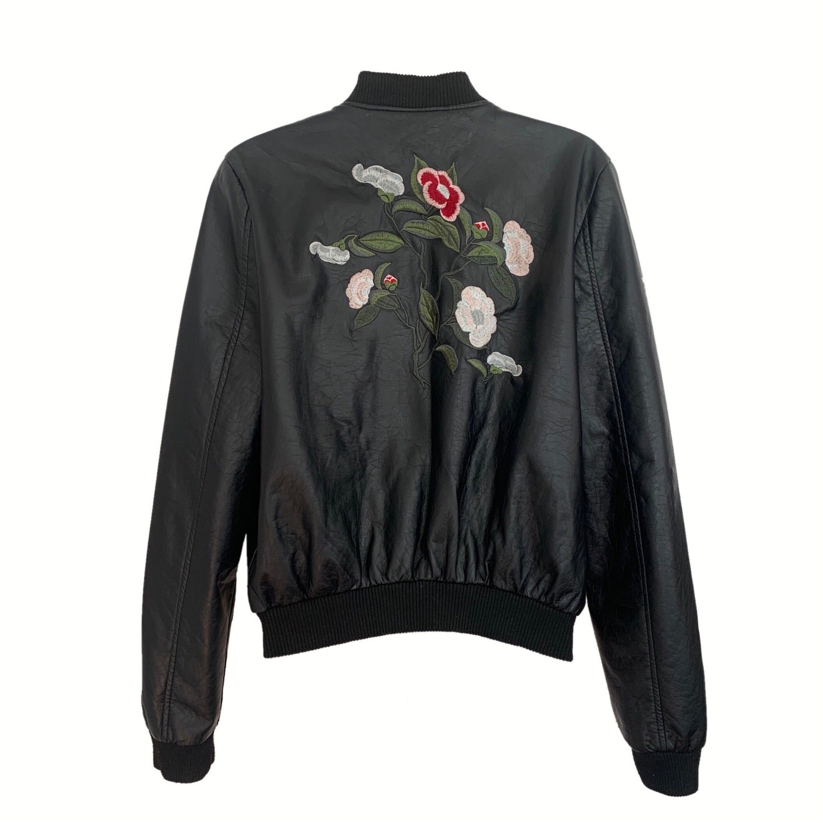 Vintage 90’s Black Vegan Pleather Jacket • with Embroidered Flowers and Studs