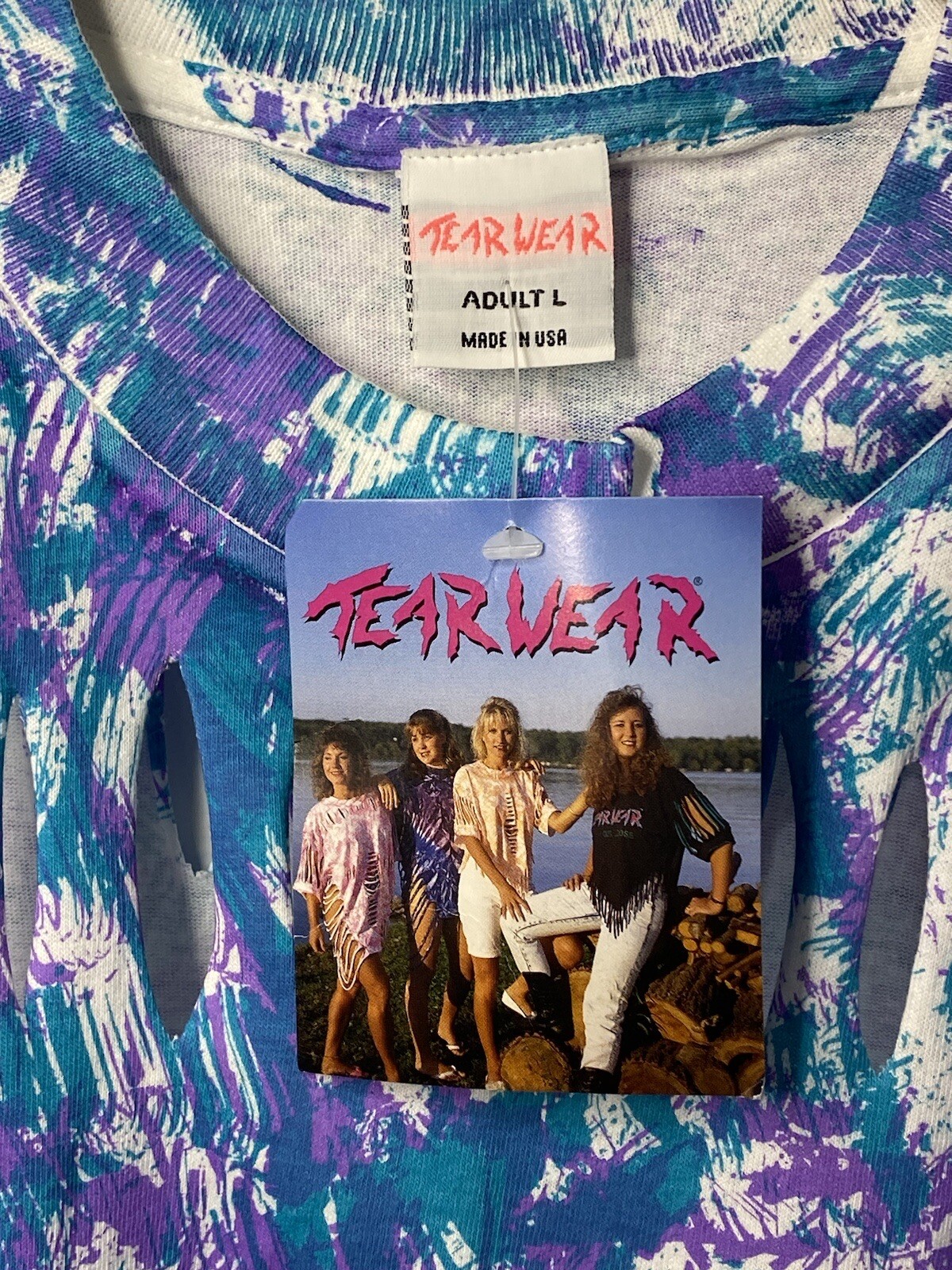 Vintage 80s Tear Wear Tie Dye Shredded T-Shirt Womens L Blue New Wave Punk Top
