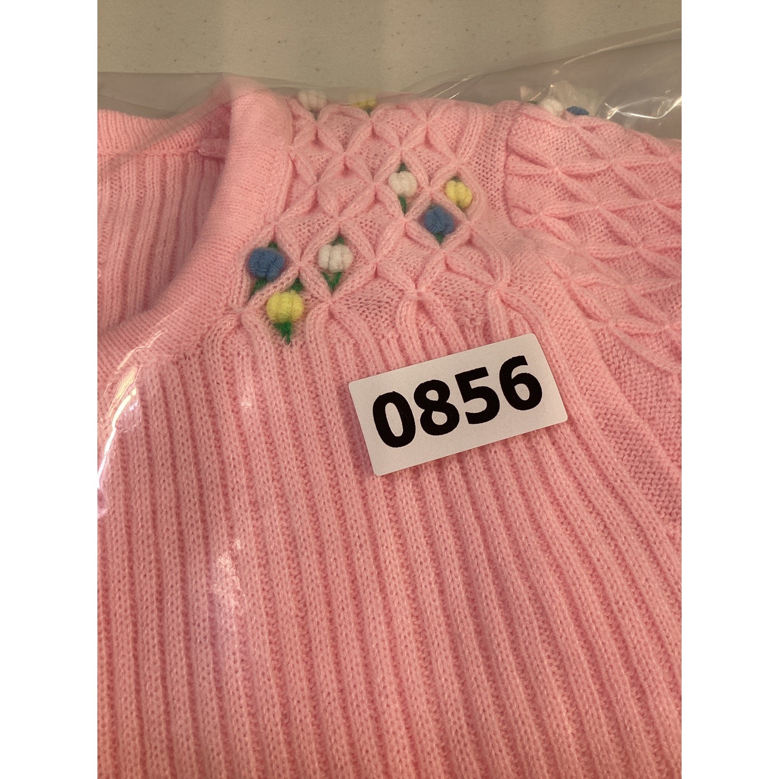 Vintage Pink Ribbed Knit Floral Embroidered Square Neck Short Sleeve Sweater S