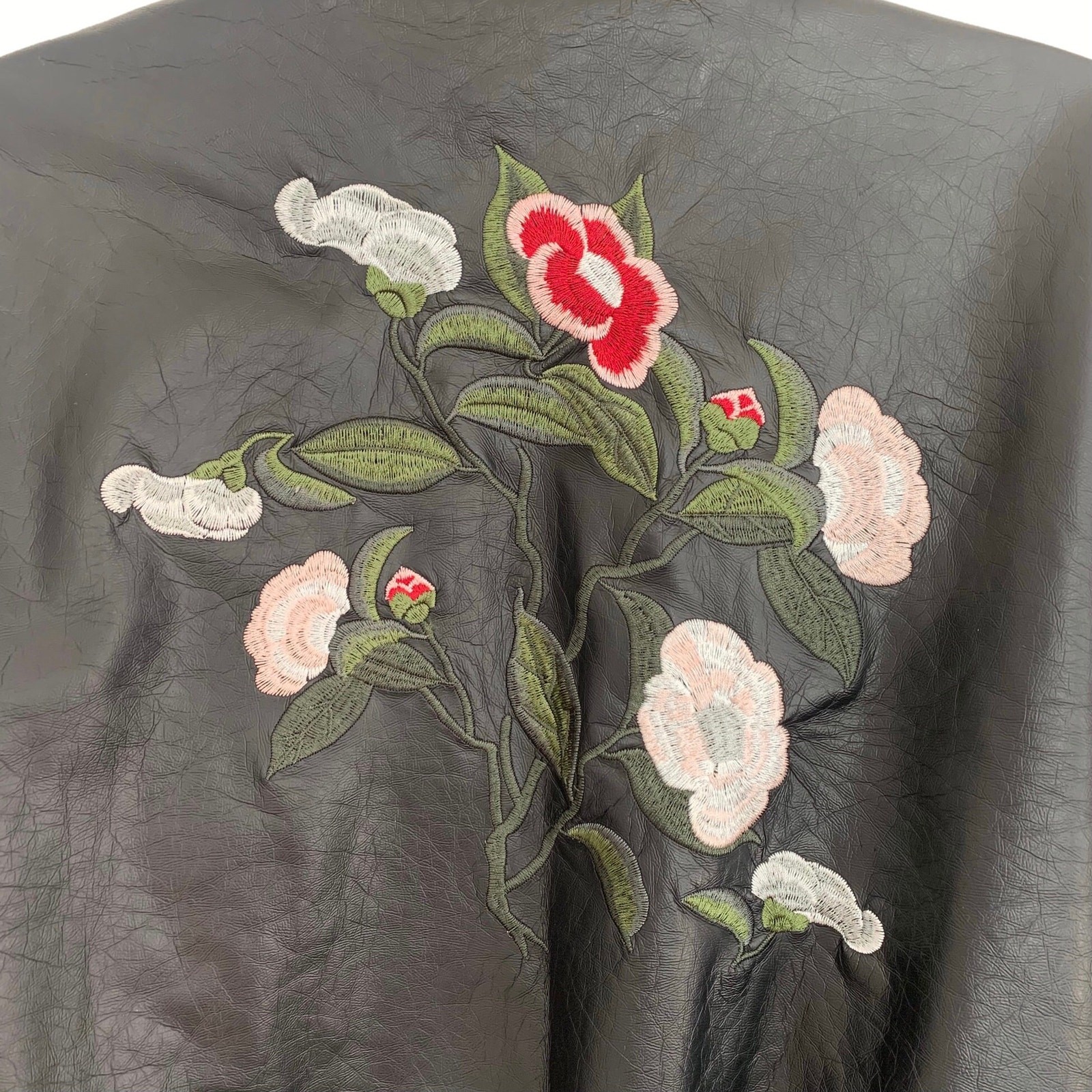 Vintage 90’s Black Vegan Pleather Jacket • with Embroidered Flowers and Studs