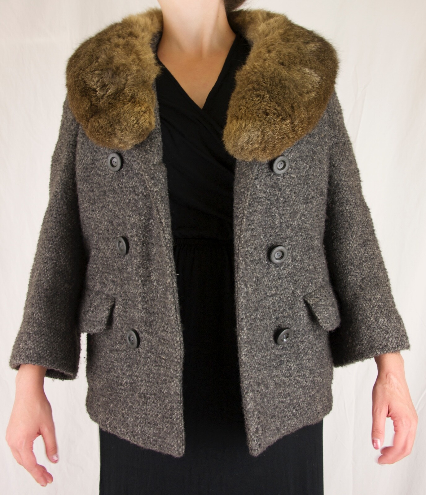 Vintage Mr. Carl Black, Brown & Grey Gray Wool  Jacket with Wide Fur Collar