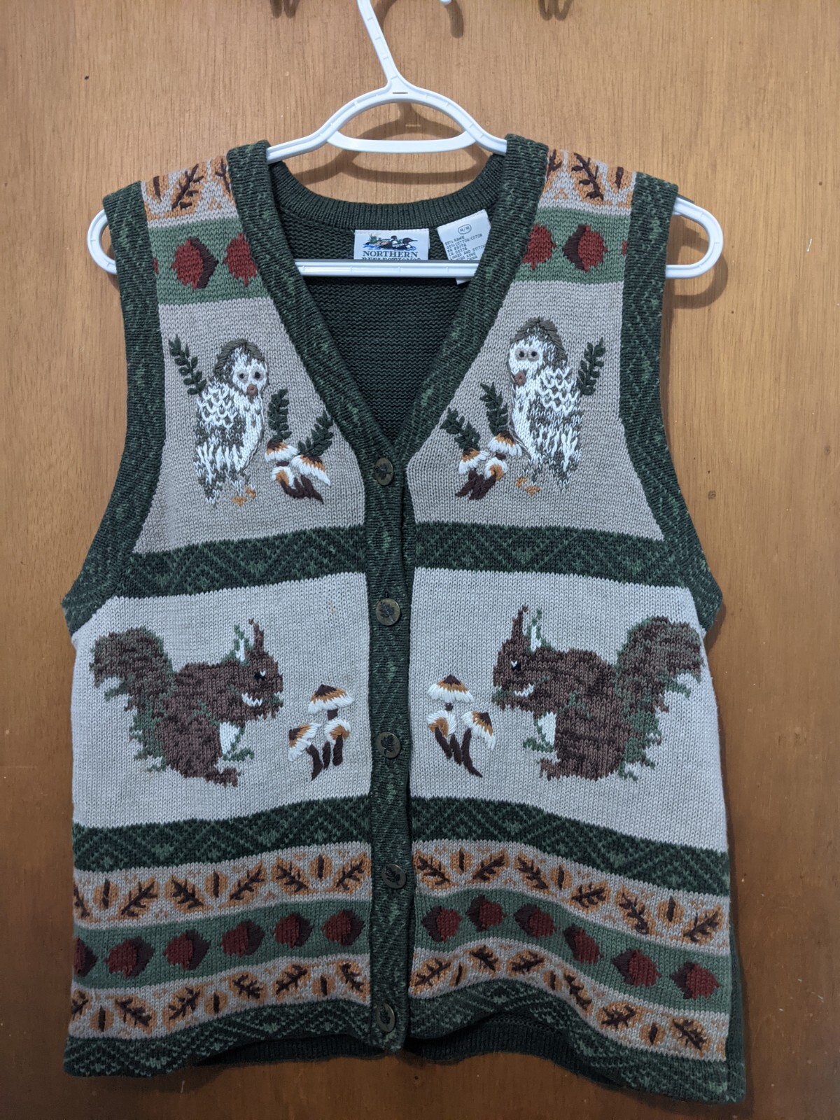 Vintage Northern Reflections Sweater Vest Owls Squirrels Mushrooms Size M