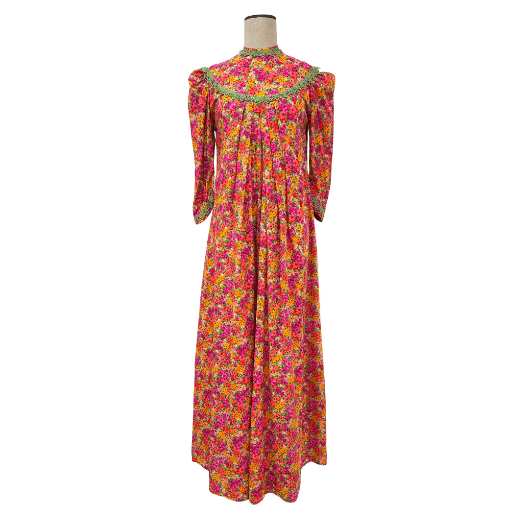 Vintage 1970s Carol & Mary Honolulu Pink Dayglo Puff Sleeve Pleated Maxi Dress