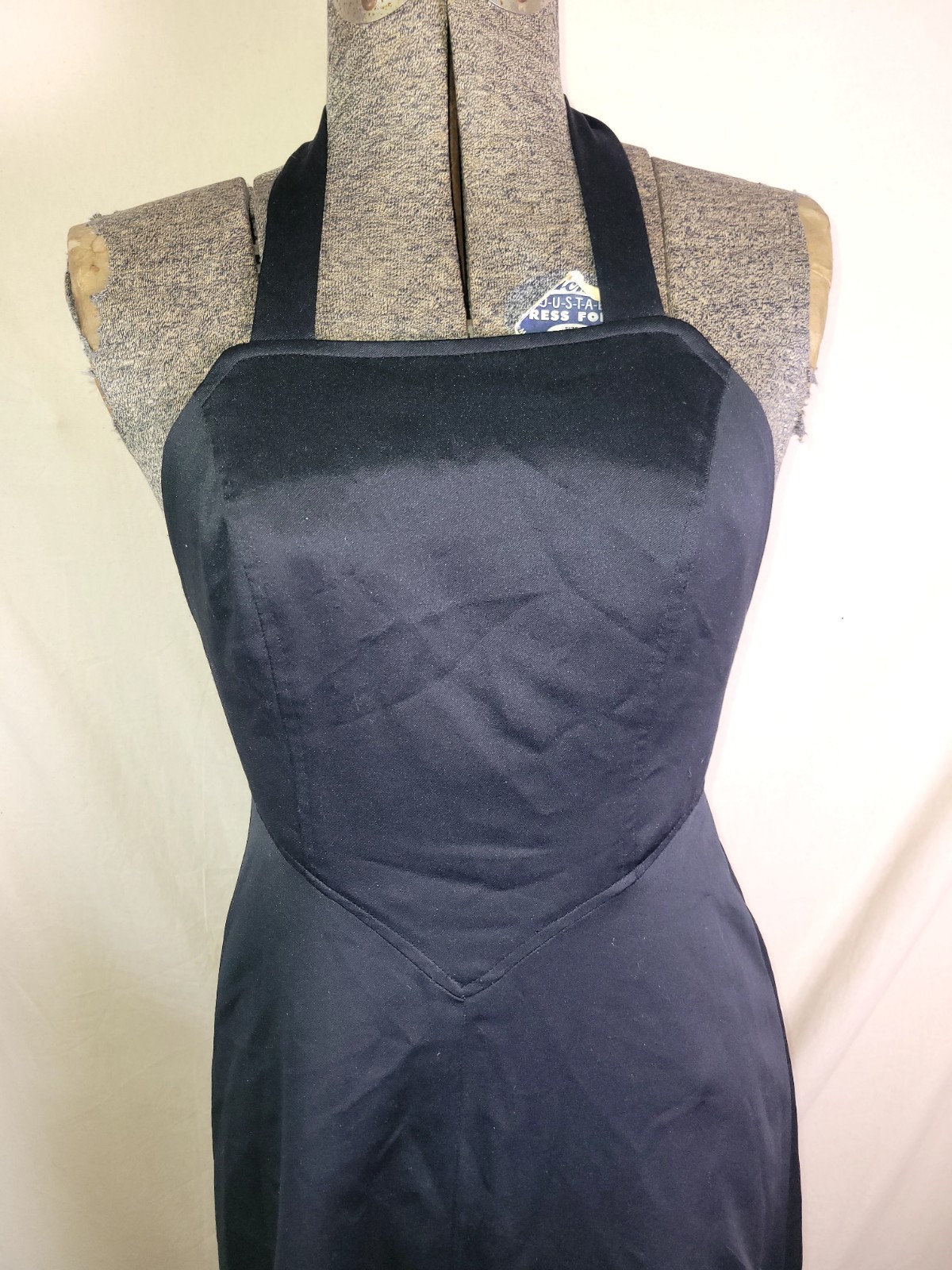 Vintage 60s 70s Black Halter Neck Maxi Dress Square Neck Basque Waist Small