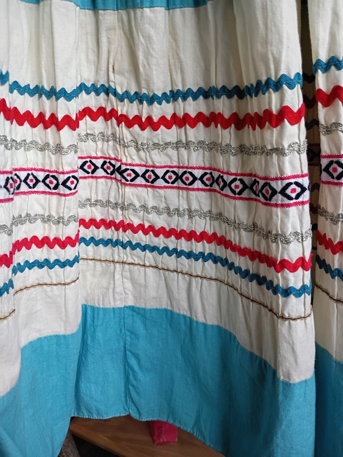 Vtg Mexican Patio Peasant Dress 2 Piece Skirt Blouse Ric Rac Trim Full Circle