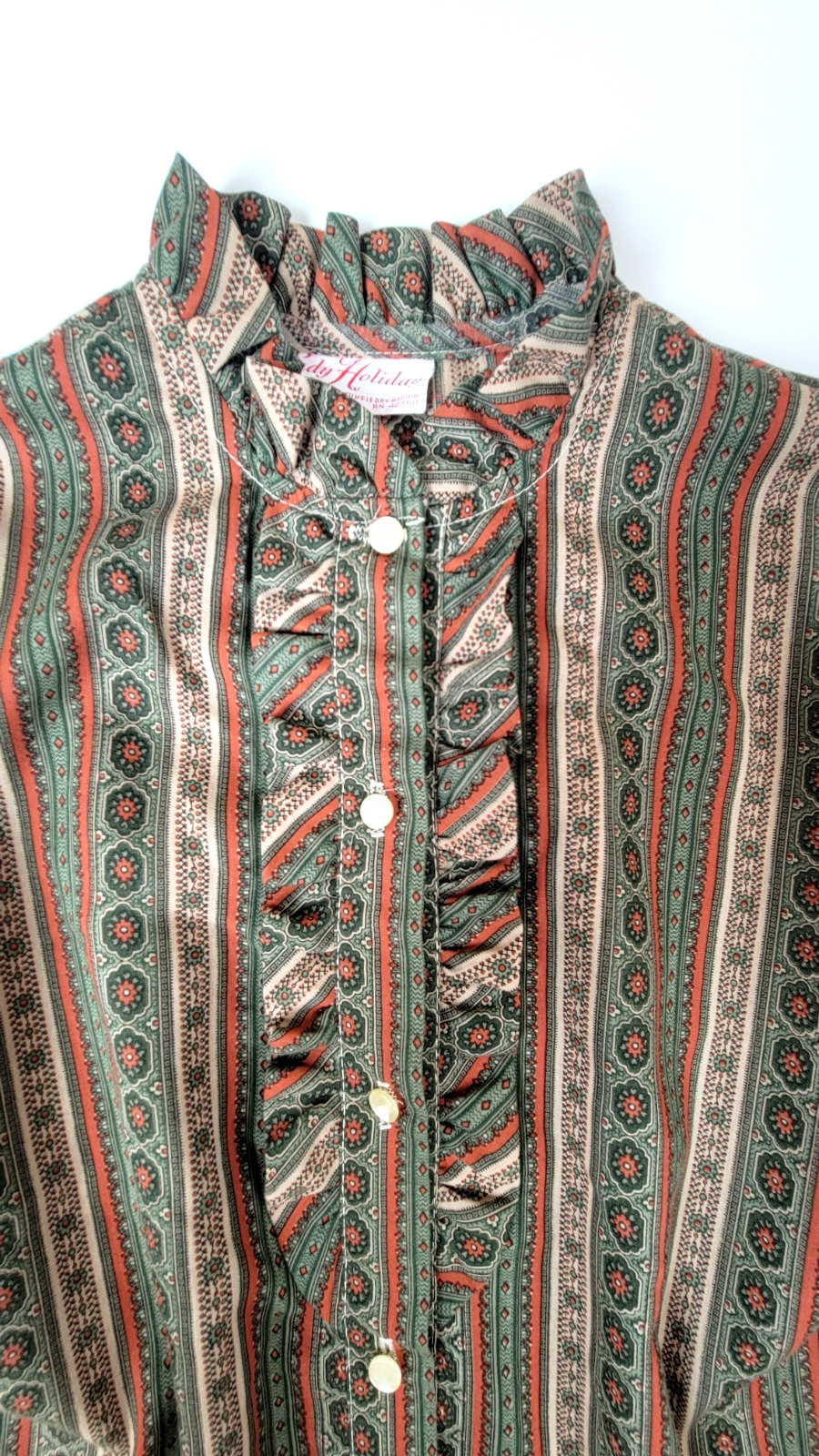 VTG ’70s Lady Holiday Button Shirt Size Small Paisley Print Ruffle Front