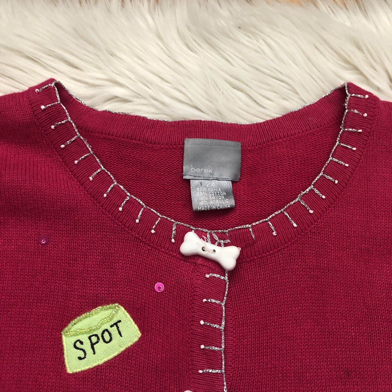 Vintage Berek Dog Show Beaded Embroidered Long Sleeves Fuchsia Sweater size 2X