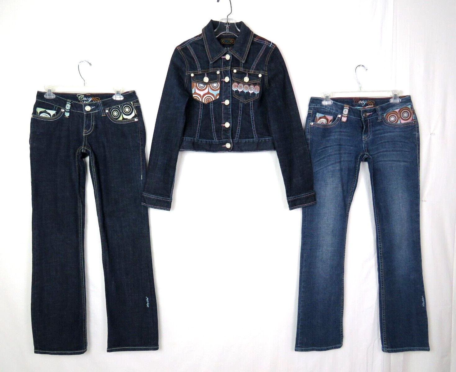 COOGI VTG 1990s 2000s BLUE STRETCH DENIM JEAN CROP JACKET EMBROIDERY ENAMEL