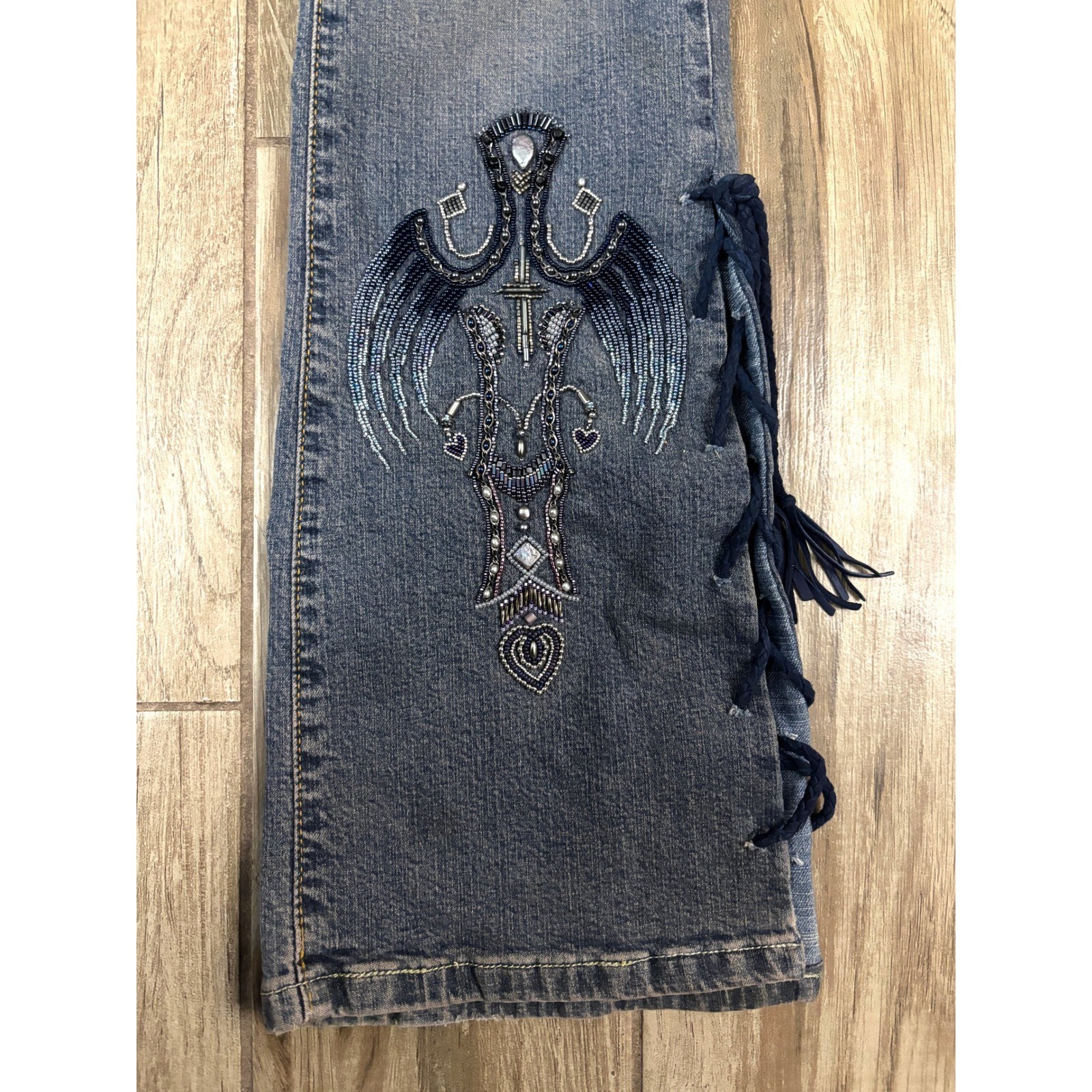 Statement Western Beaded Lace Up Flare Jeans Y2K OOAK Festival Denim