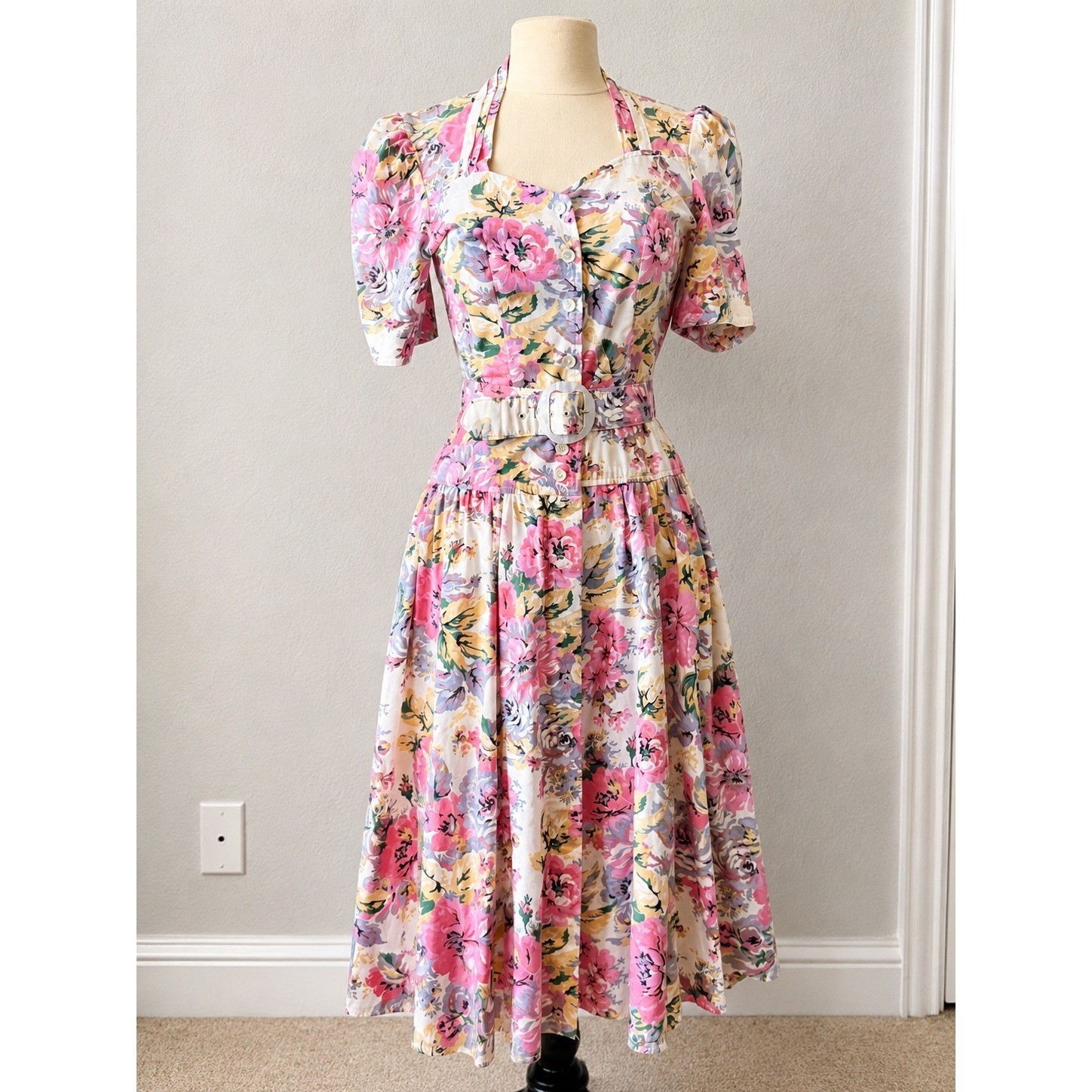 Vintage 80s S.L. Fashions Floral Cottagecore Midi Tea Party Dress Belted